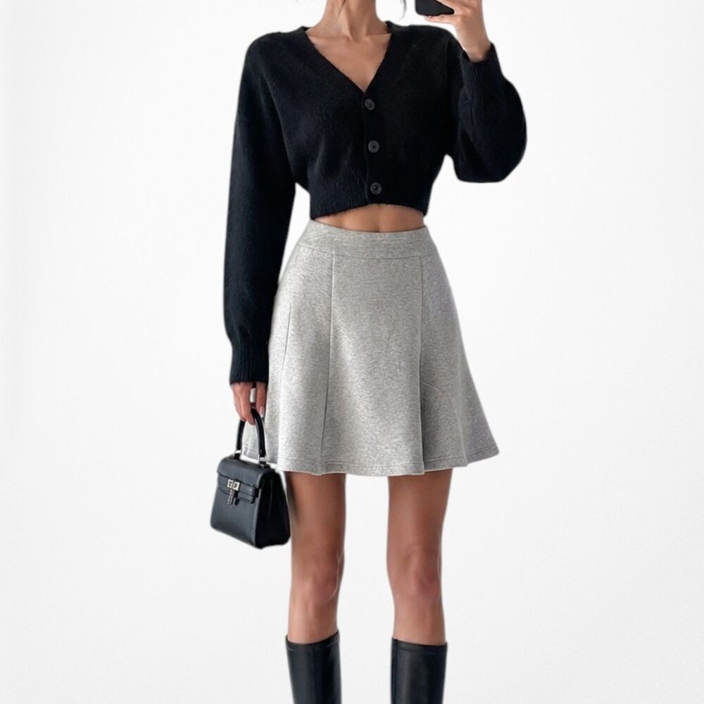 Vintage Y2K 90s Gray High Waisted Flared Skater Knit Mini Skirt Size XS/S